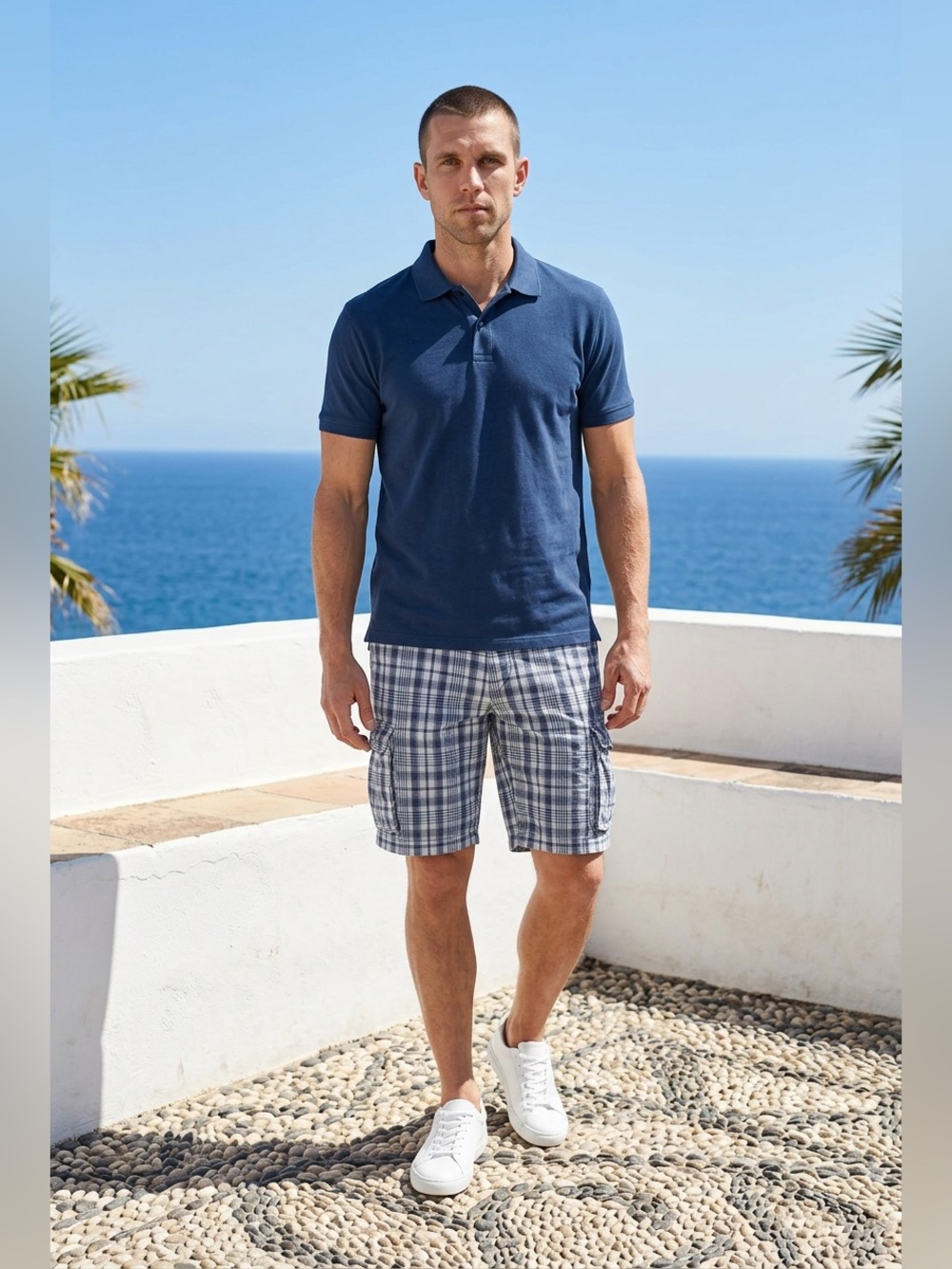 Dockers Men’s Blue Plaid Cargo Shorts – Classic Fit –
